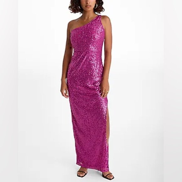 Express NWT Sequin Maxi Dress Neon Berry One Shoulder Side Slit size Small - Picture 1 of 3